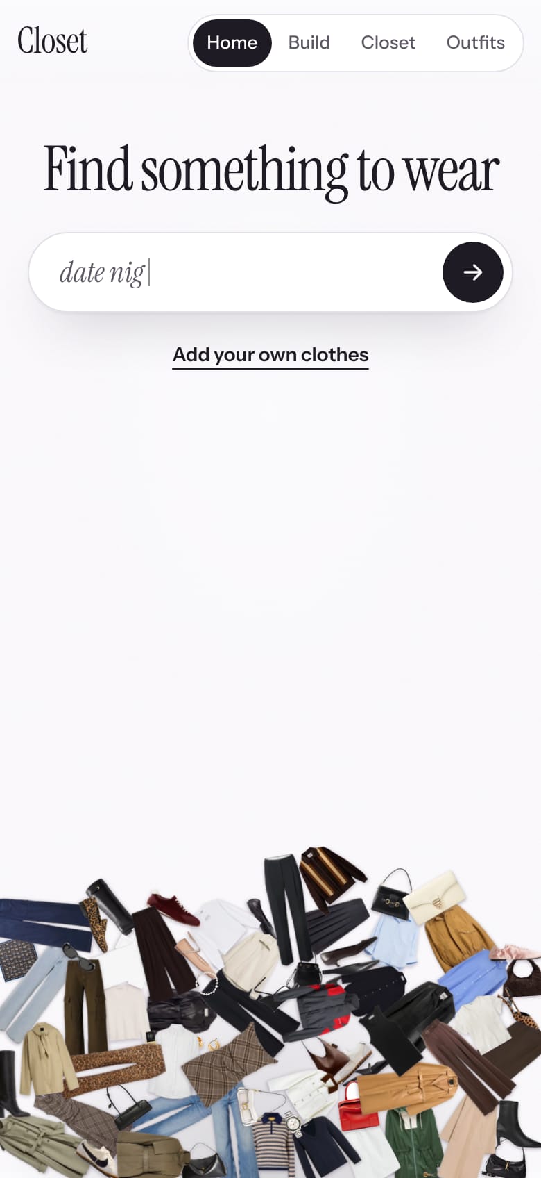 The Closet home page: “Find something to wear” above a heap of clothes