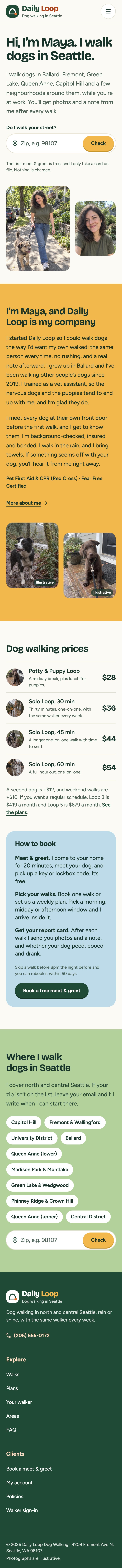 The Daily Loop Dog Walking home page: a walker and a dog on a rainy Seattle trail, with a zip check