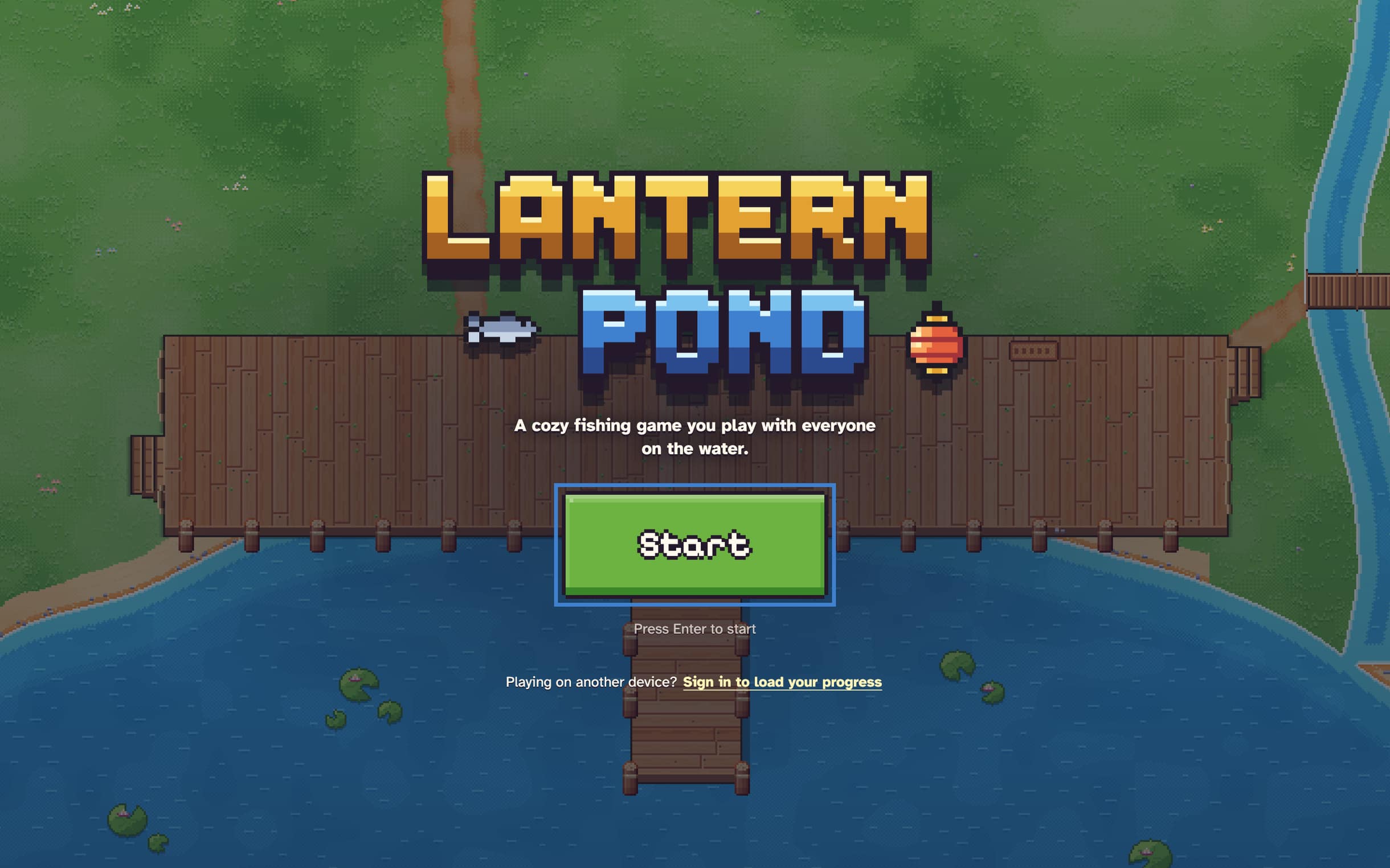 The Lantern Pond title screen: the game's name over a wooden dock on a pixel-art pond