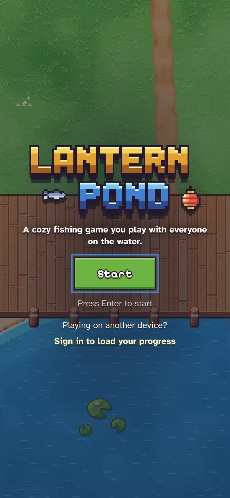 The Lantern Pond title screen: the game's name over a wooden dock on a pixel-art pond