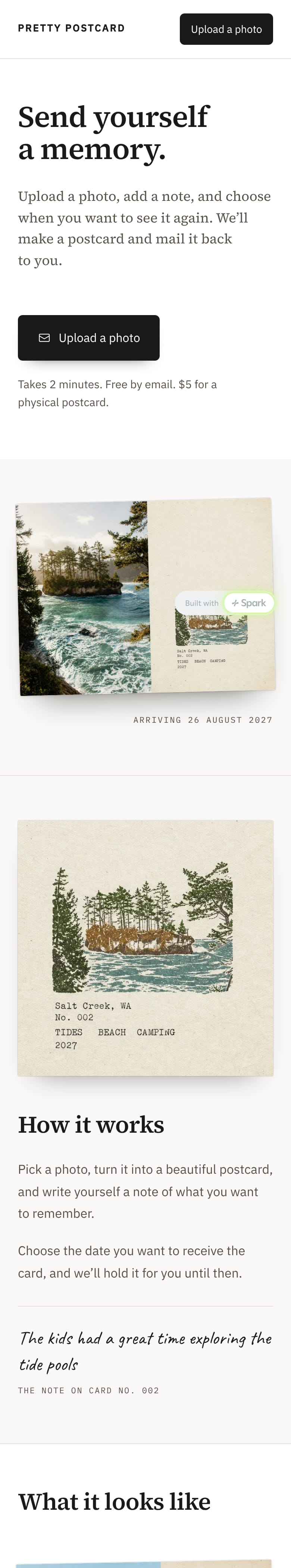 The PrettyPostcard home page: “Send yourself a memory” beside a photo postcard of a Pacific Northwest cove