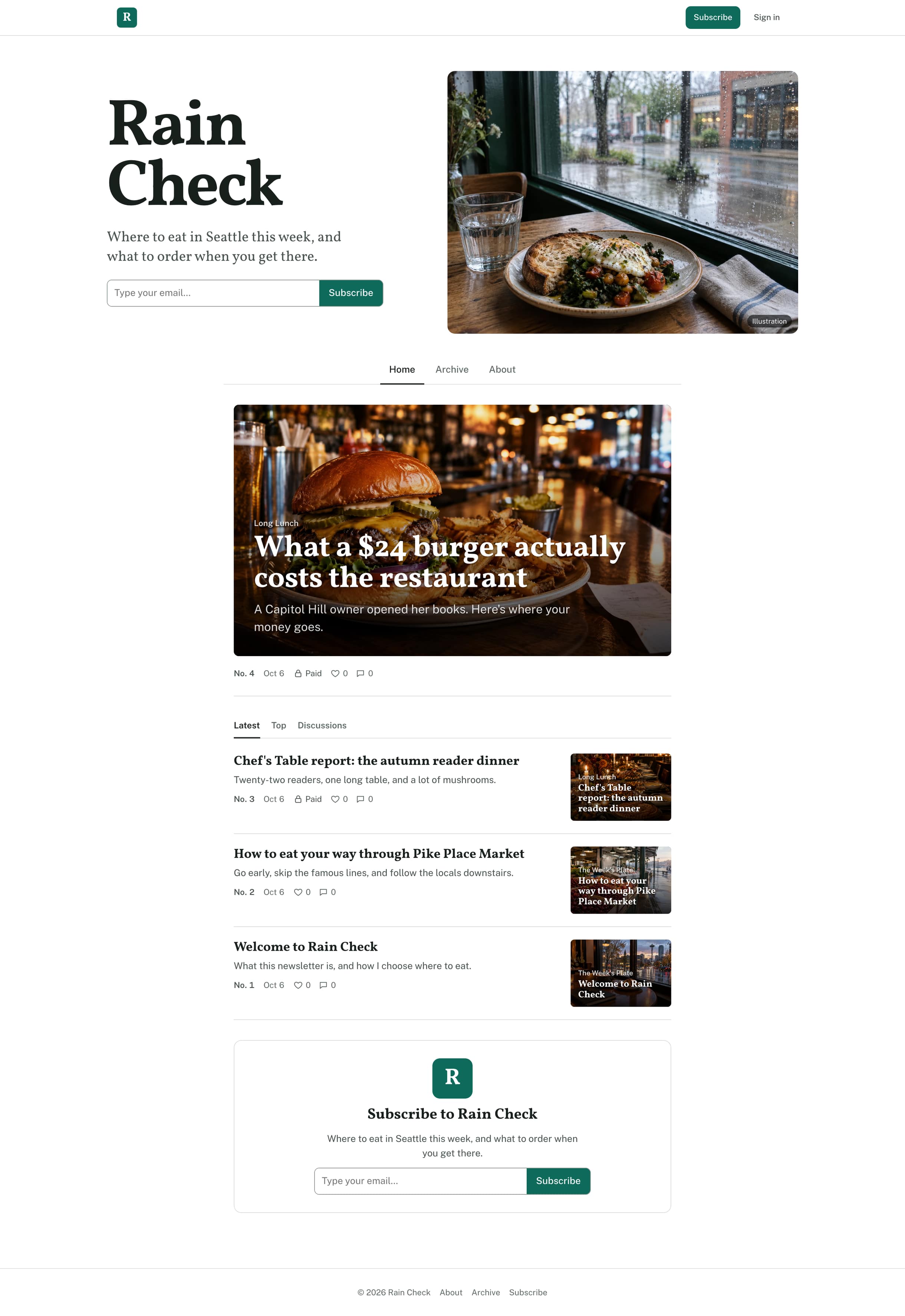 The Rain Check home page: the masthead and an email sign-up beside a plate of food at a rainy café window, above the latest post