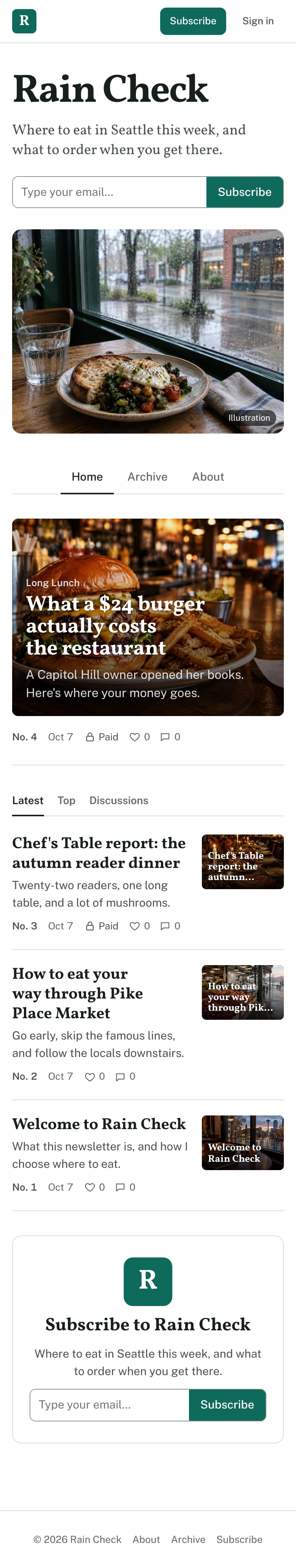 The Rain Check home page: the masthead and an email sign-up beside a plate of food at a rainy café window, above the latest post